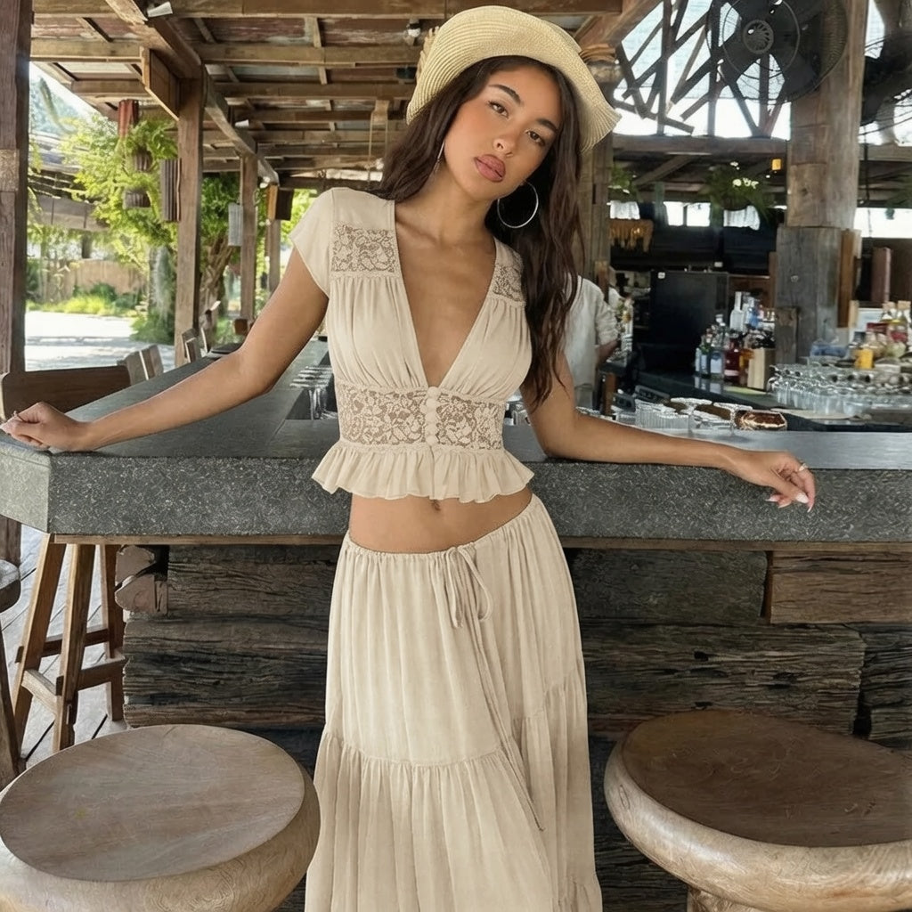 French Sheer Lace Chiffon Tie Maxi Dress
