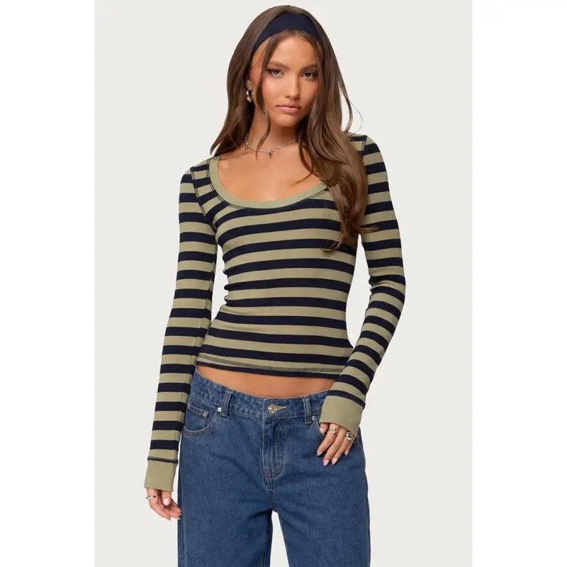 Retro Scoop Neck Striped Top