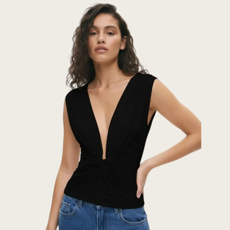 Twist Front Deep V Ruched Top