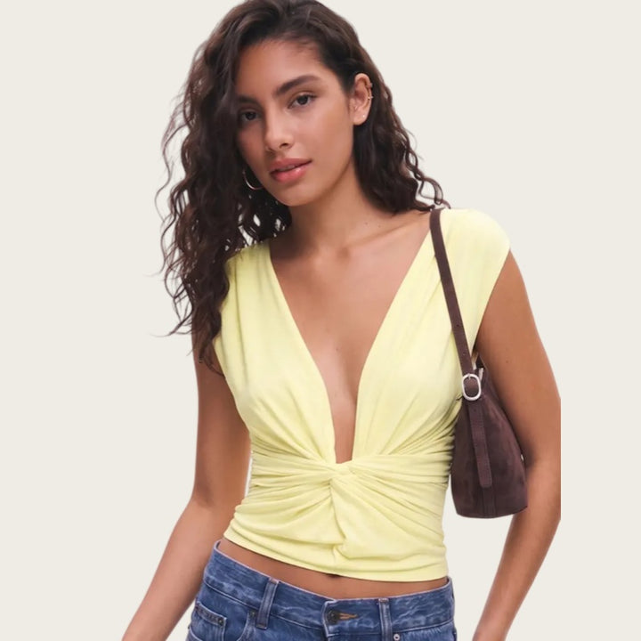 Twist Front Deep V Ruched Top