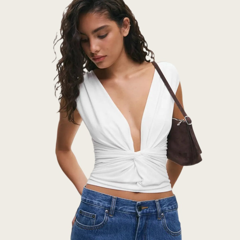 Twist Front Deep V Ruched Top
