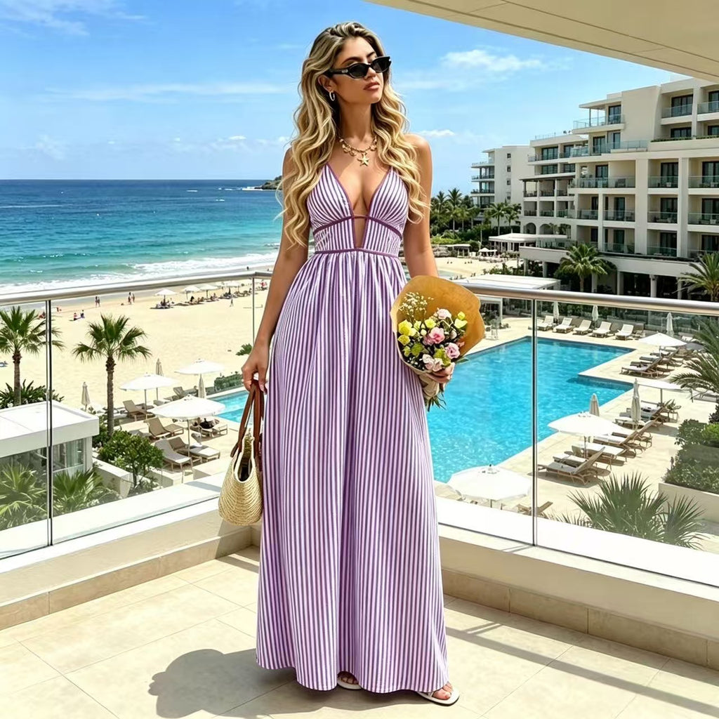 Striped Deep V Backless Halter Maxi Dress