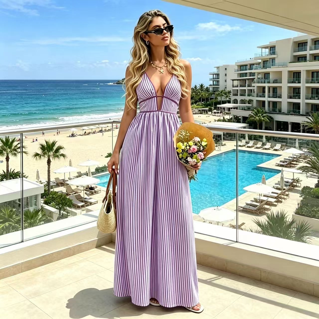 Striped Deep V Backless Halter Maxi Dress