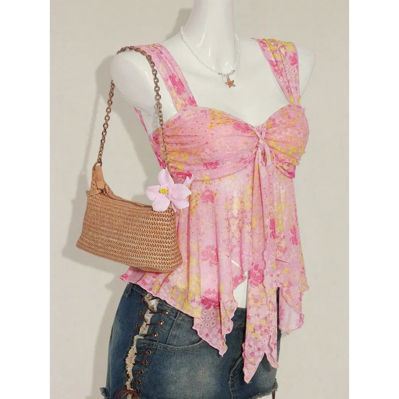 Floral Bow Tie Sheer Cami Top