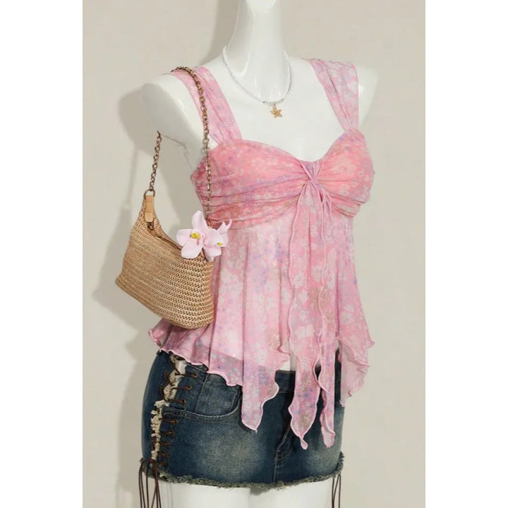 Floral Bow Tie Sheer Cami Top