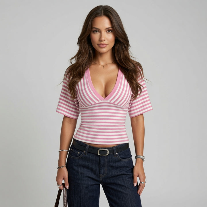 Striped V Neck Y2K Crop Top