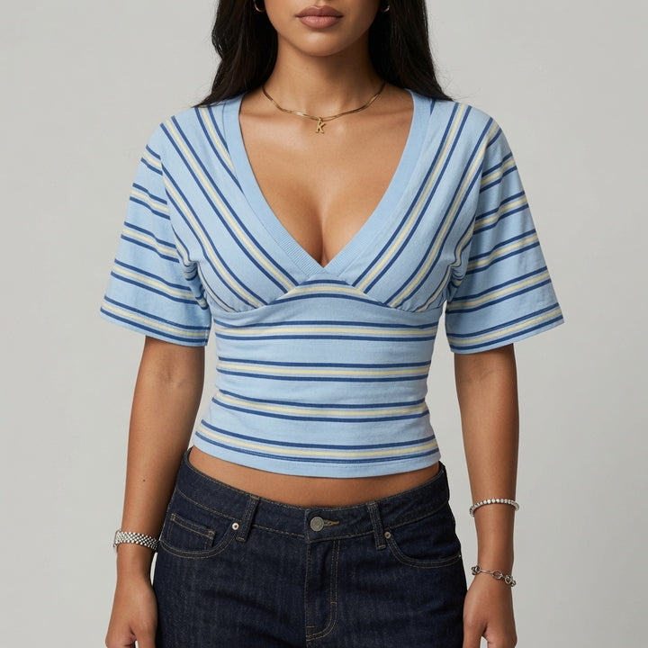 Striped V Neck Y2K Crop Top