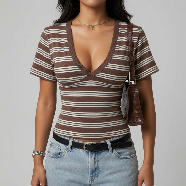 Striped V Neck Y2K Crop Top