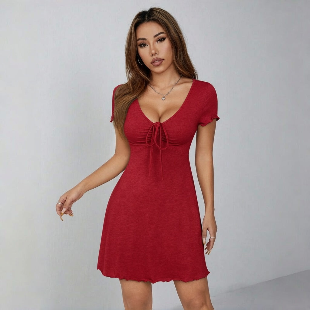 French Bow V Neck Slim Waist Dress