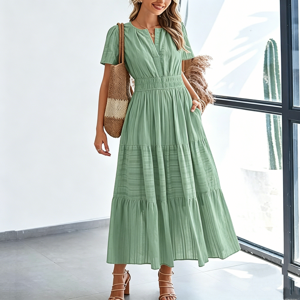 V-Neck Ruched Puff-Sleeve Mini Dress