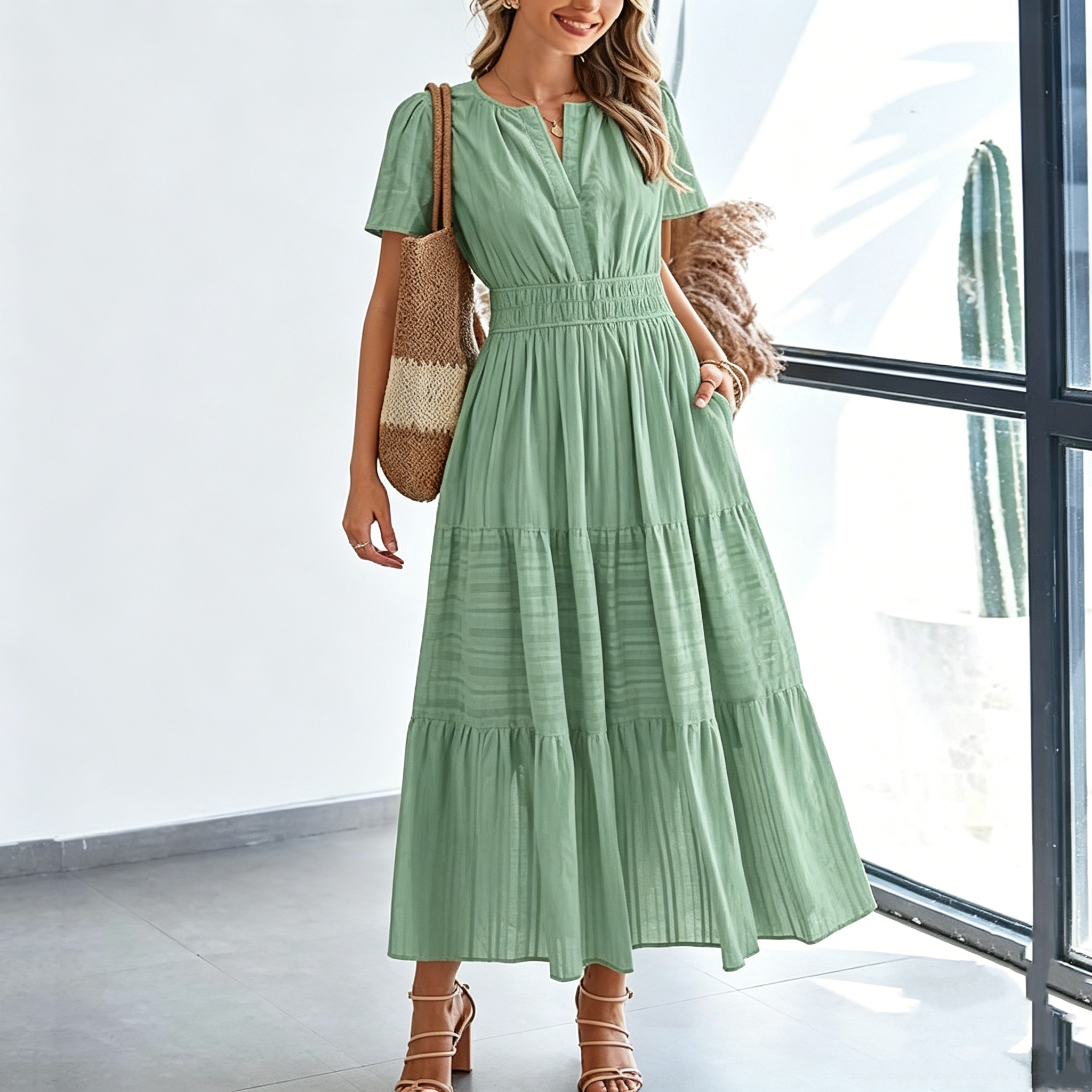 V-Neck Ruched Puff-Sleeve Mini Dress