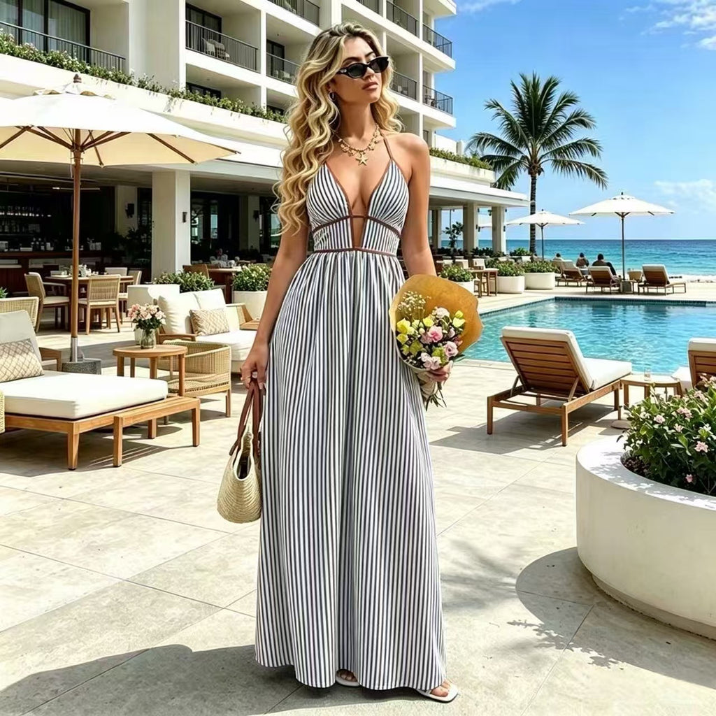 Striped Deep V Backless Halter Maxi Dress