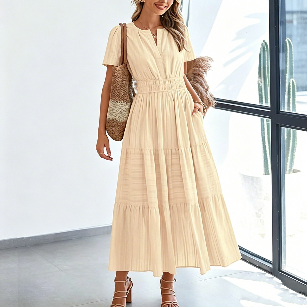 V-Neck Ruched Puff-Sleeve Mini Dress