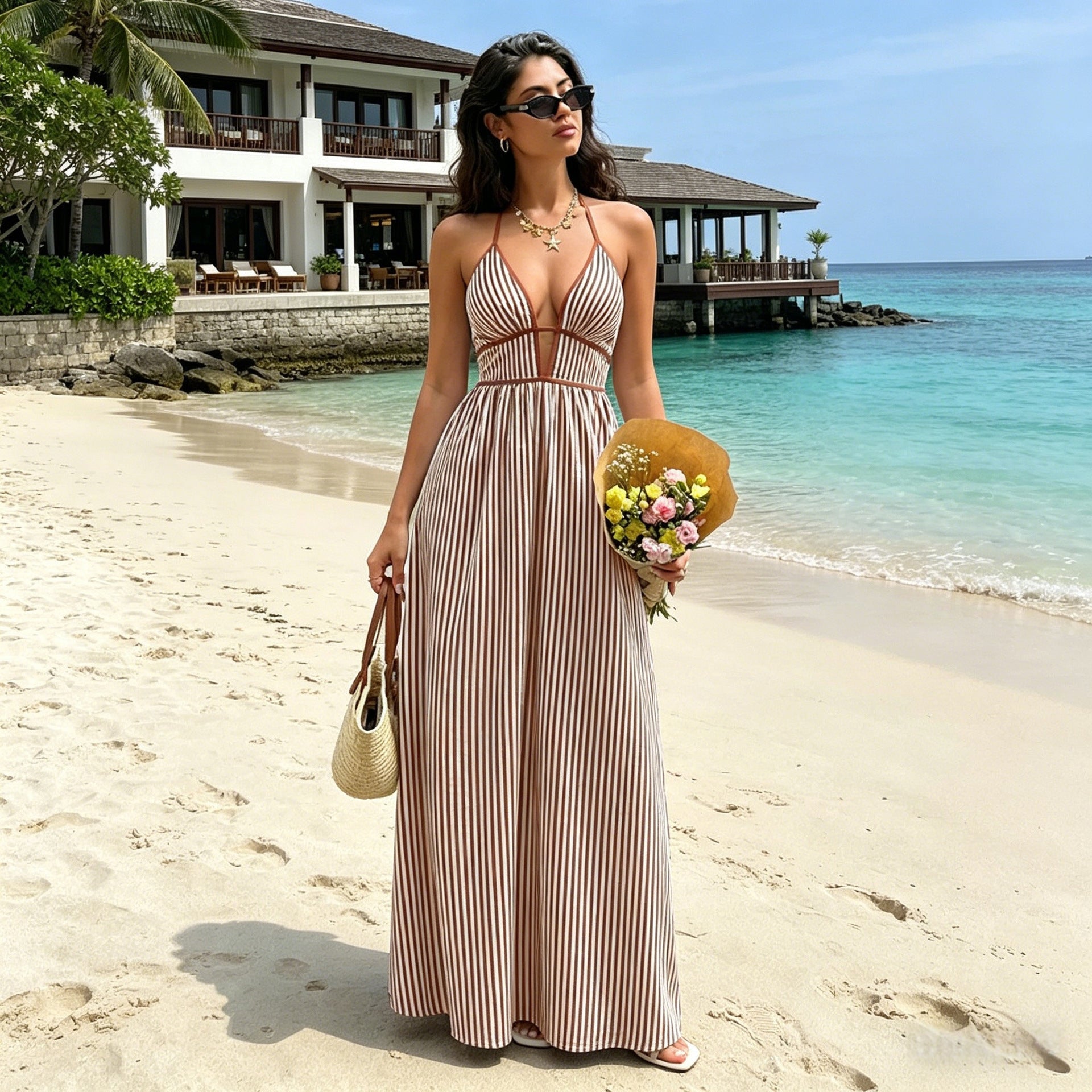 Striped Deep V Backless Halter Maxi Dress