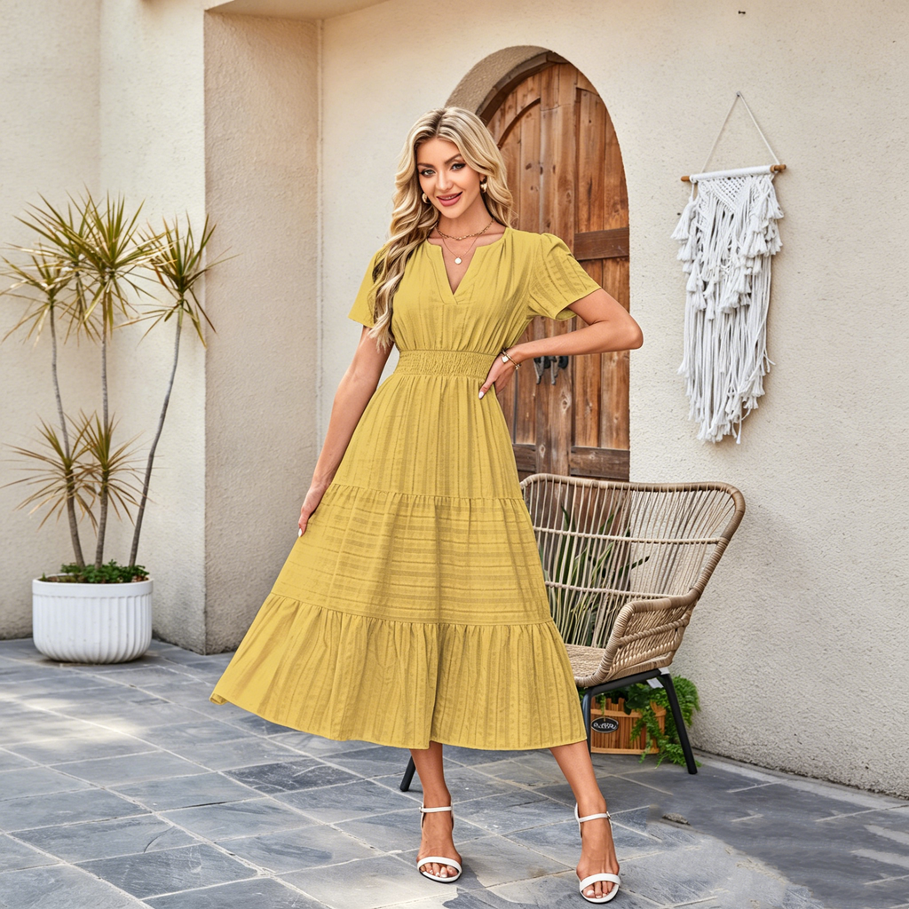 V-Neck Ruched Puff-Sleeve Mini Dress