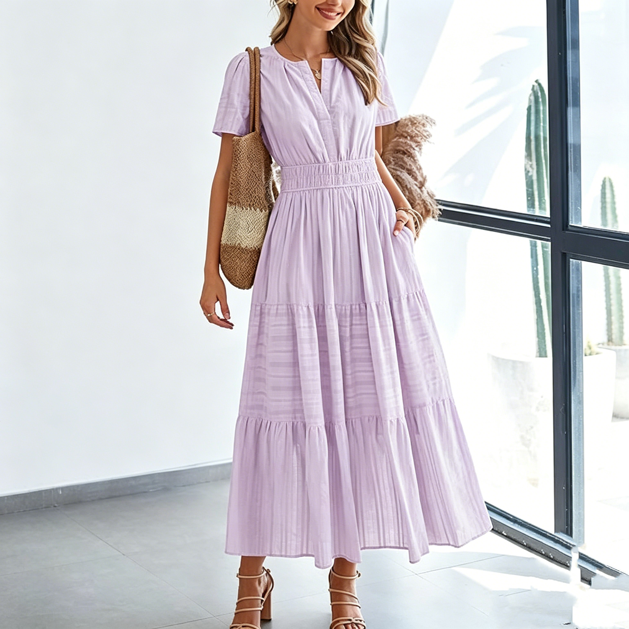V-Neck Ruched Puff-Sleeve Mini Dress