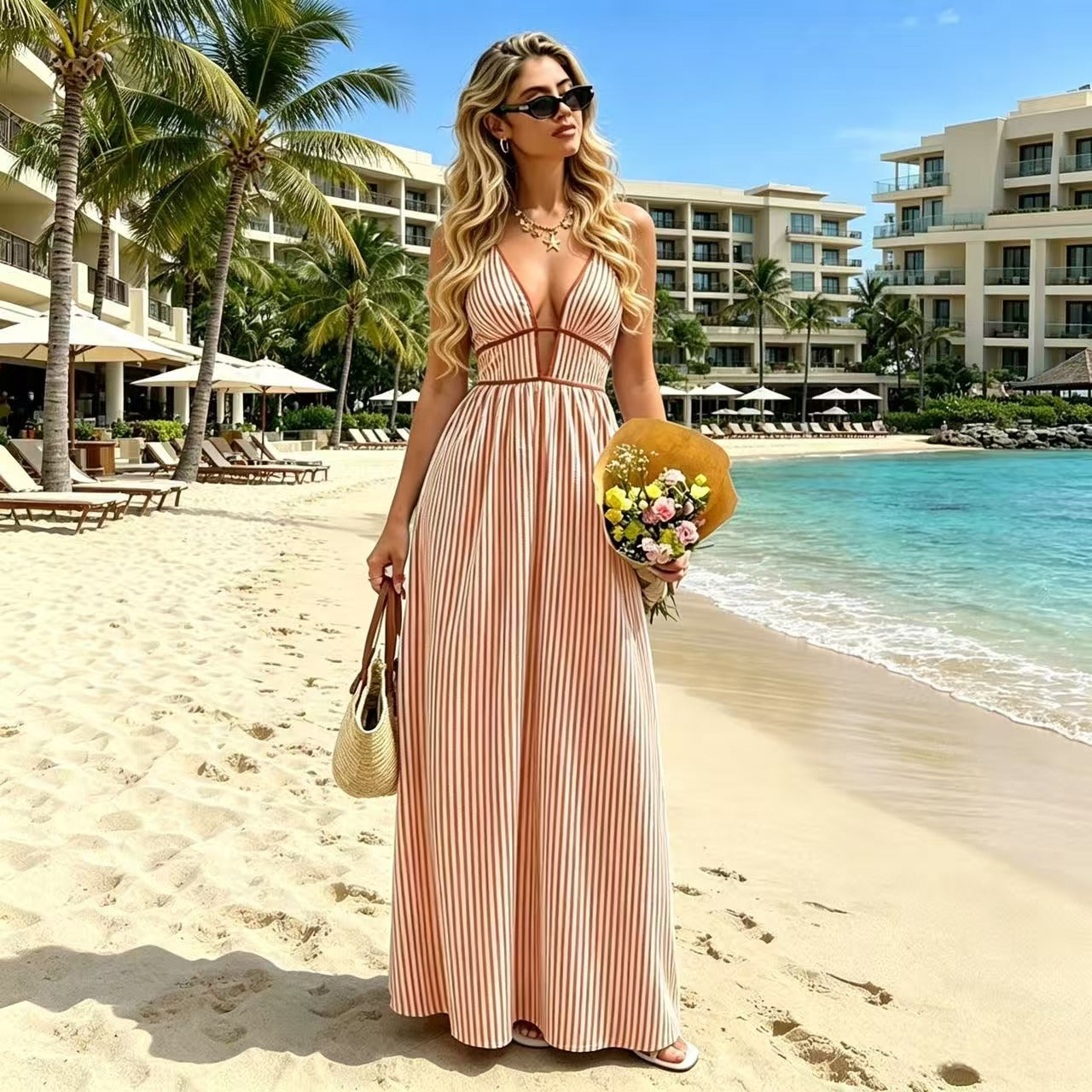 Striped Deep V Backless Halter Maxi Dress
