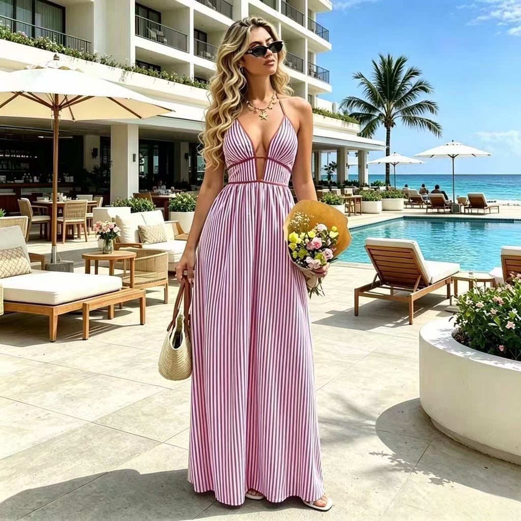 Striped Deep V Backless Halter Maxi Dress