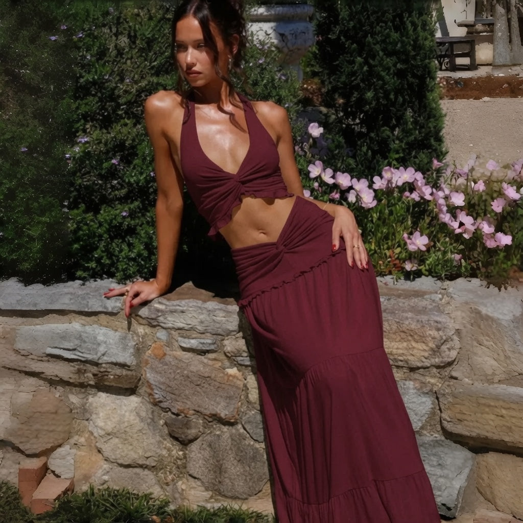 Sexy V Neck Halter Ruffle Maxi Set