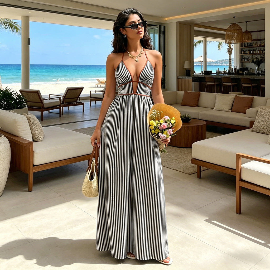 Striped Deep V Backless Halter Maxi Dress