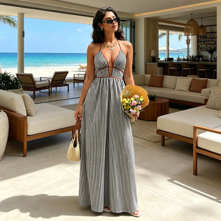 Striped Deep V Backless Halter Maxi Dress