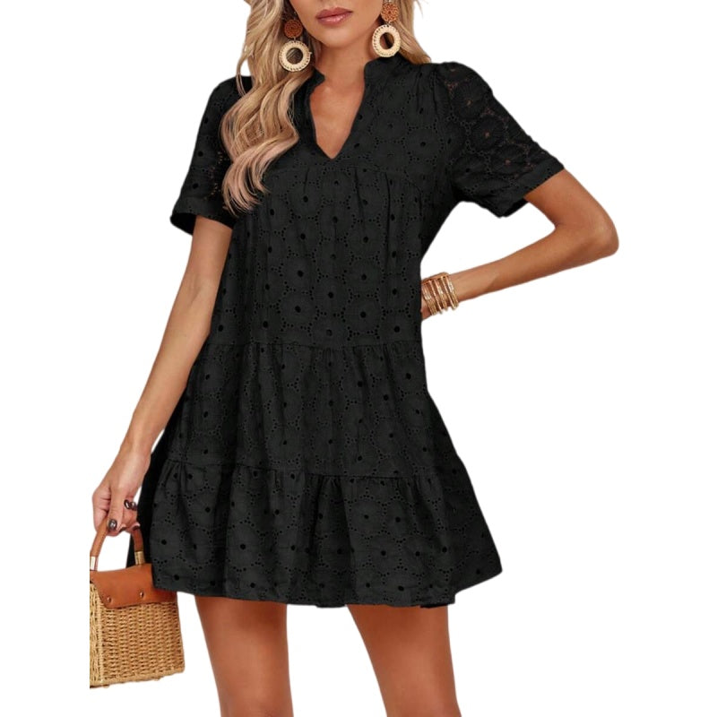 V Neck Eyelet A Line Vacation Dress