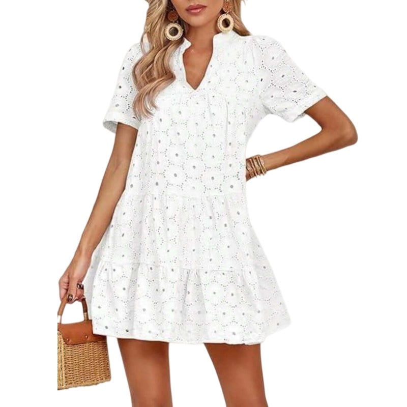 V Neck Eyelet A Line Vacation Dress