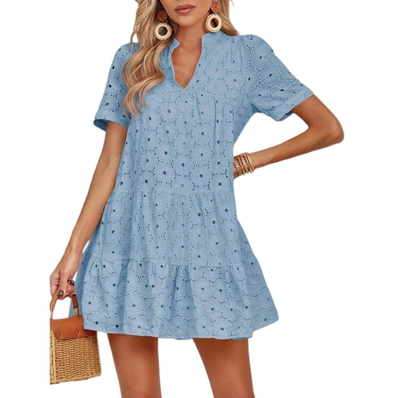 V Neck Eyelet A Line Vacation Dress