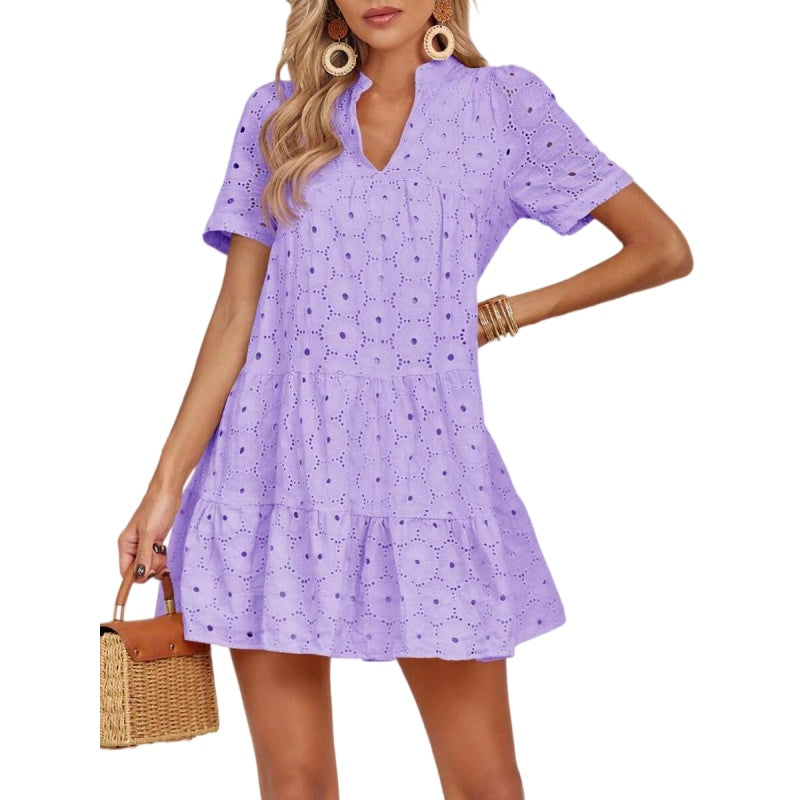 V Neck Eyelet A Line Vacation Dress