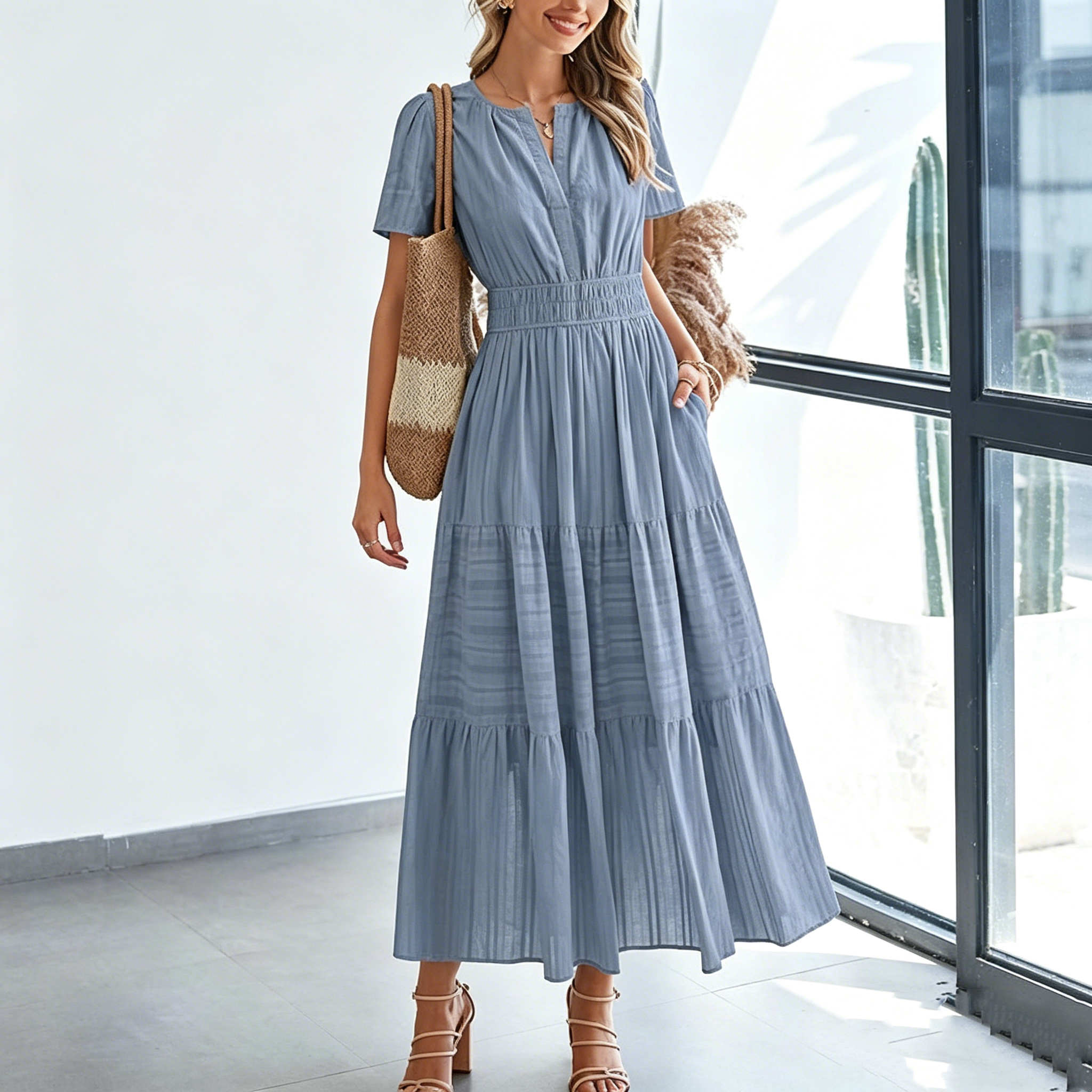 V-Neck Ruched Puff-Sleeve Mini Dress