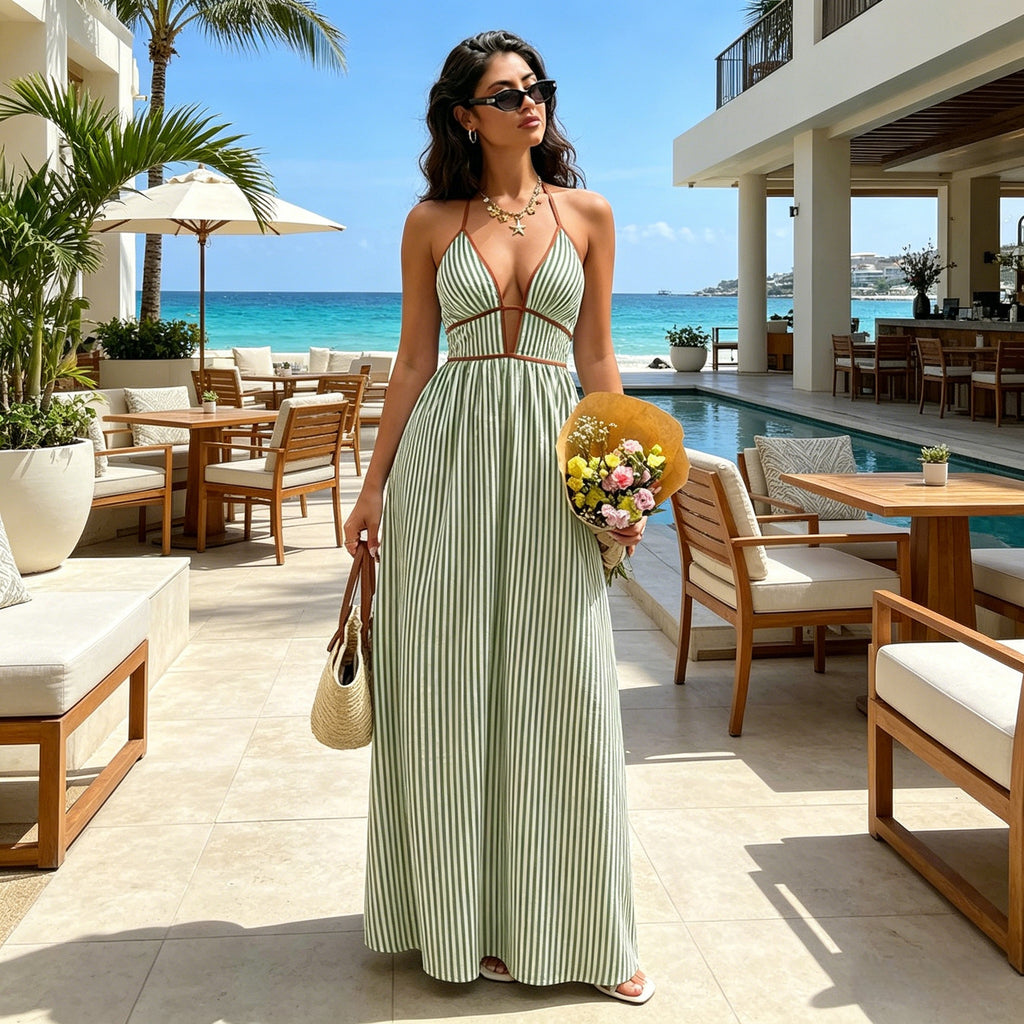 Striped Deep V Backless Halter Maxi Dress