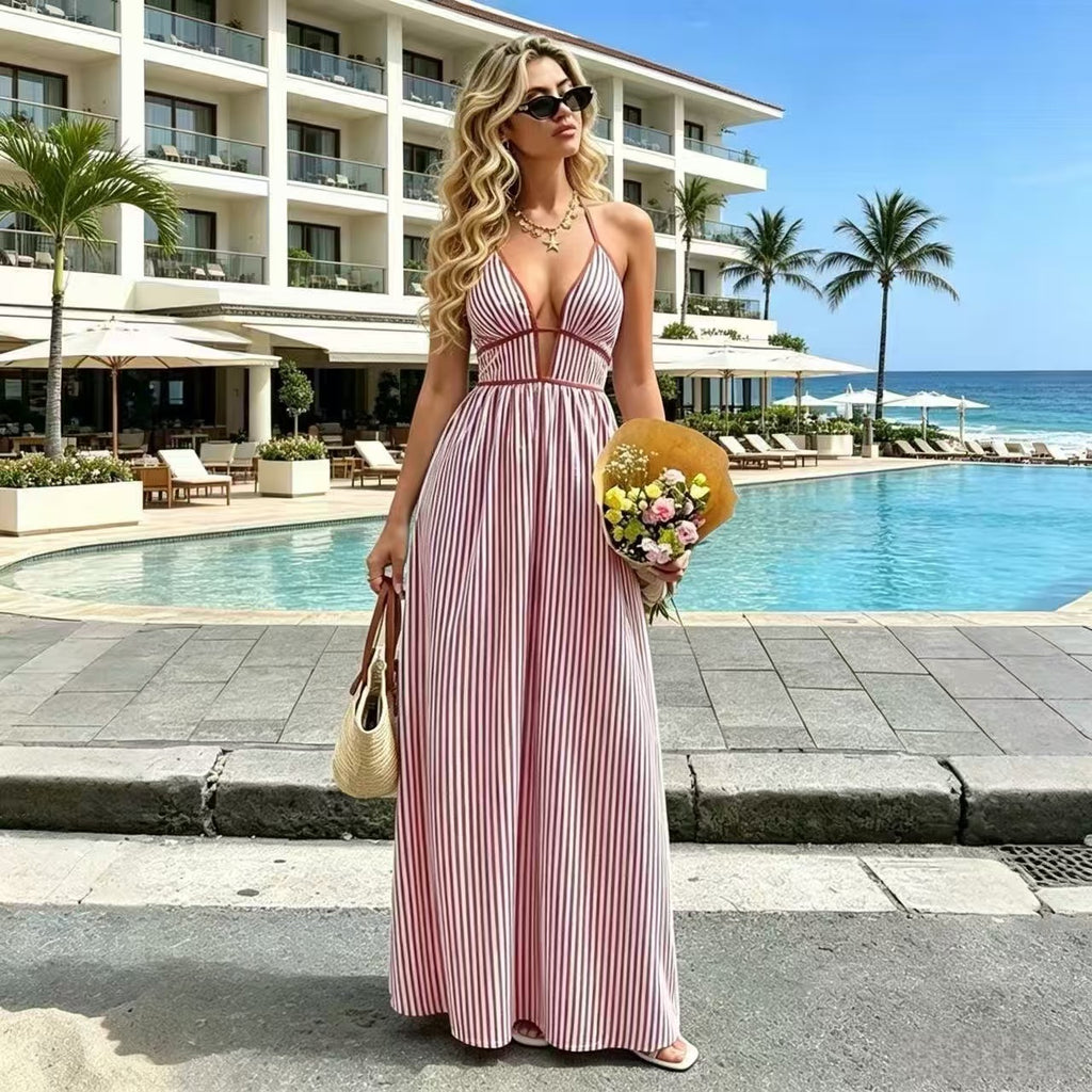Striped Deep V Backless Halter Maxi Dress
