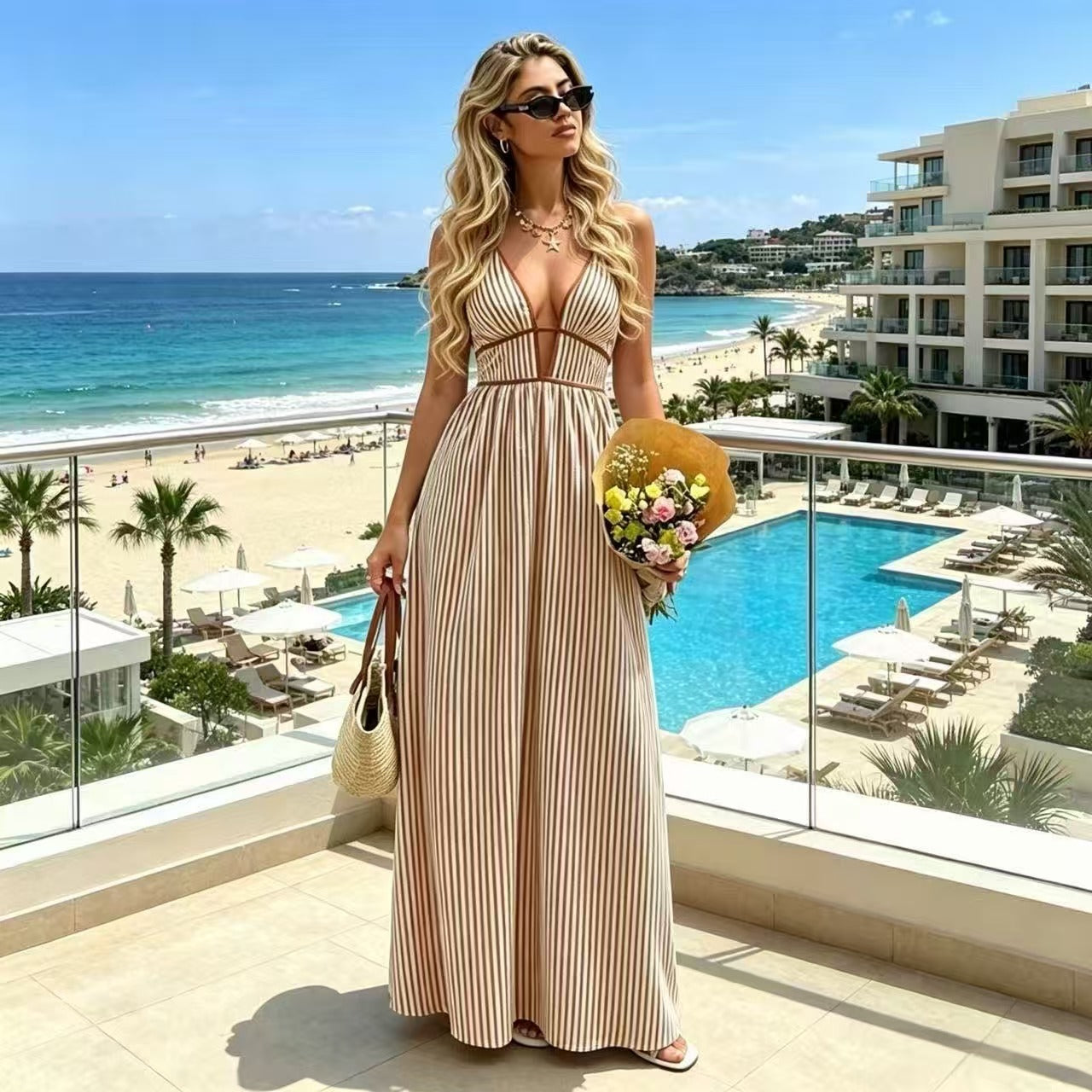 Striped Deep V Backless Halter Maxi Dress