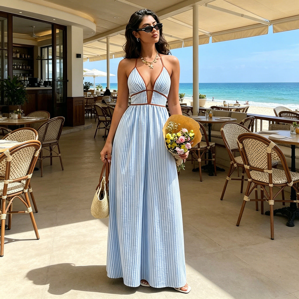 Striped Deep V Backless Halter Maxi Dress
