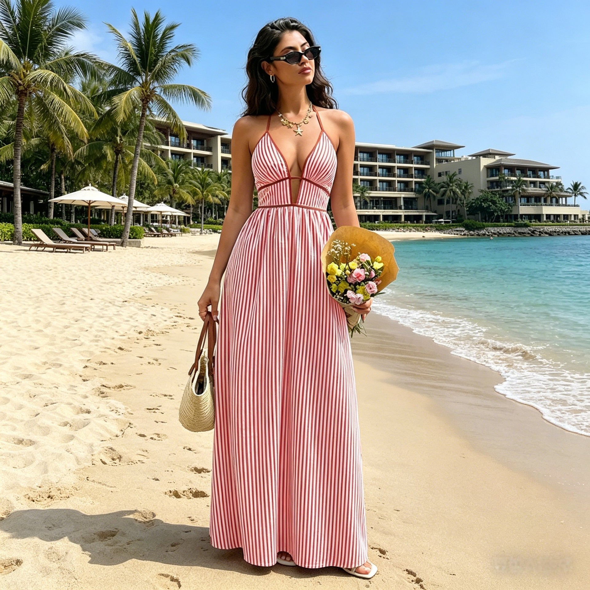 Striped Deep V Backless Halter Maxi Dress