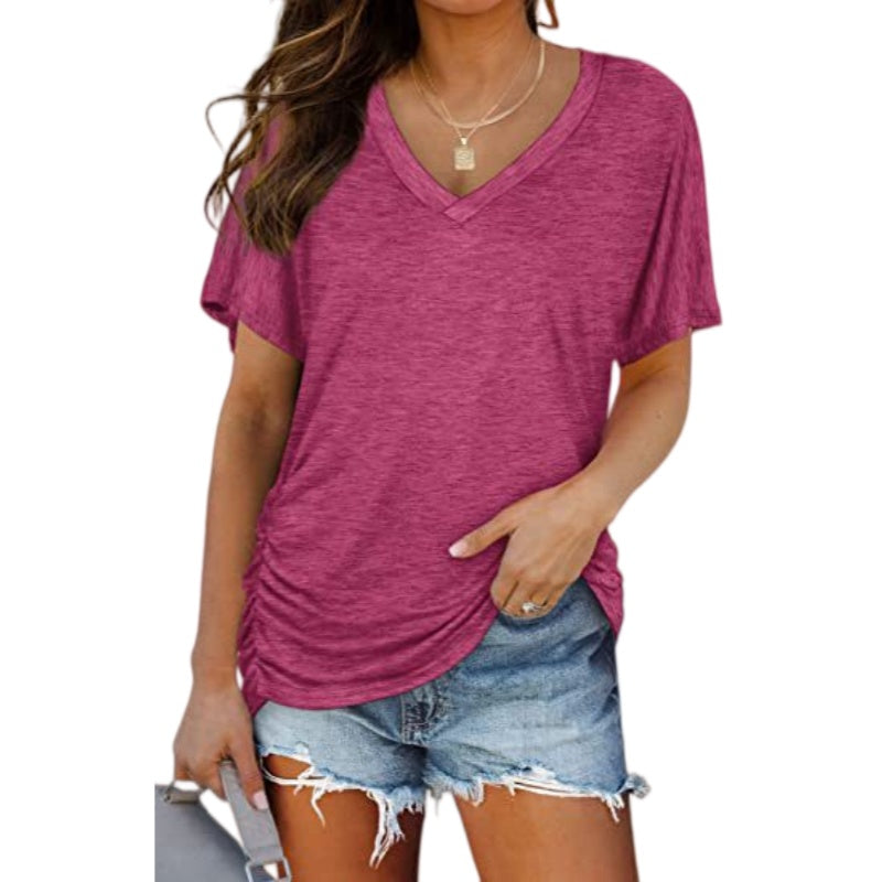 V Neck Dolman Sleeve Shirred Loose Top