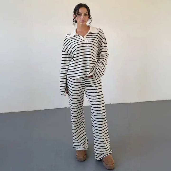 Women Lapel Neck Knit Lounge Set