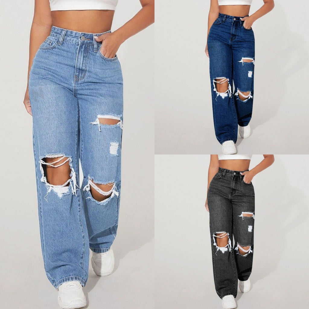 High Waist Distressed Straight Leg Jeans
