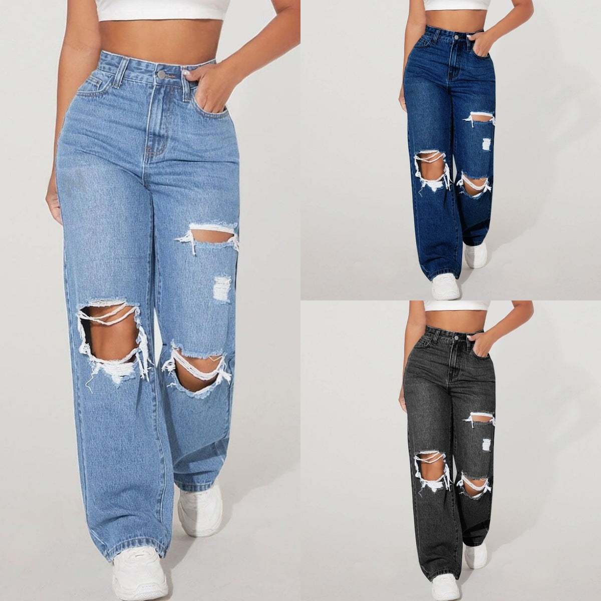 High Waist Distressed Straight Leg Jeans