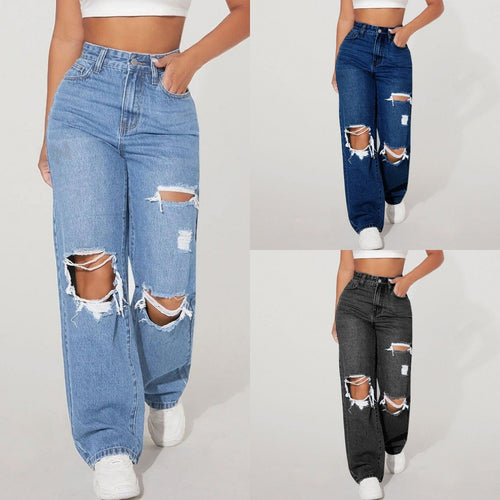 High Waist Distressed Straight Leg Jeans