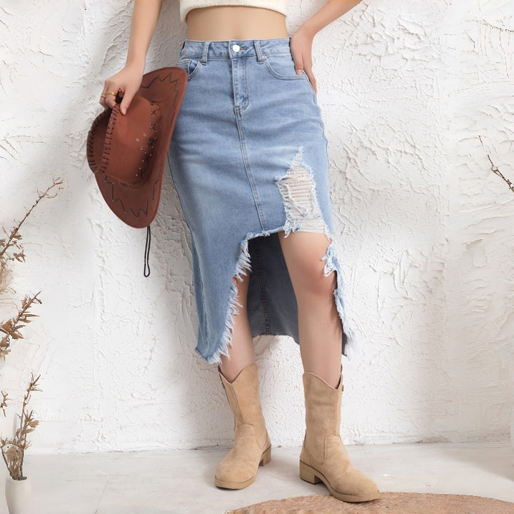 Retro High Waist Frayed Denim Skirt