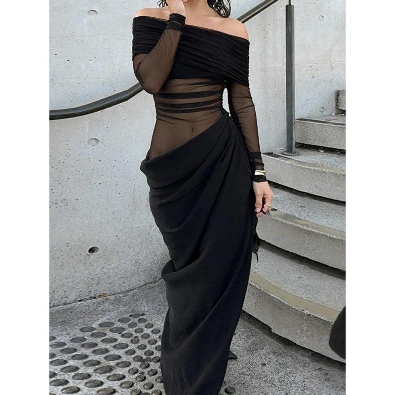 Off Shoulder Sheer Mesh Maxi Dress