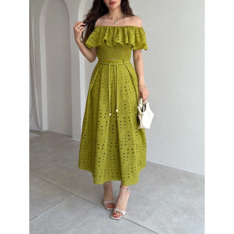 Off Shoulder Cutout Ruffle Skirt Set