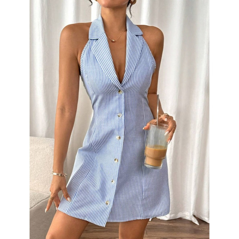 Striped Bow Back Halter Mini Dress