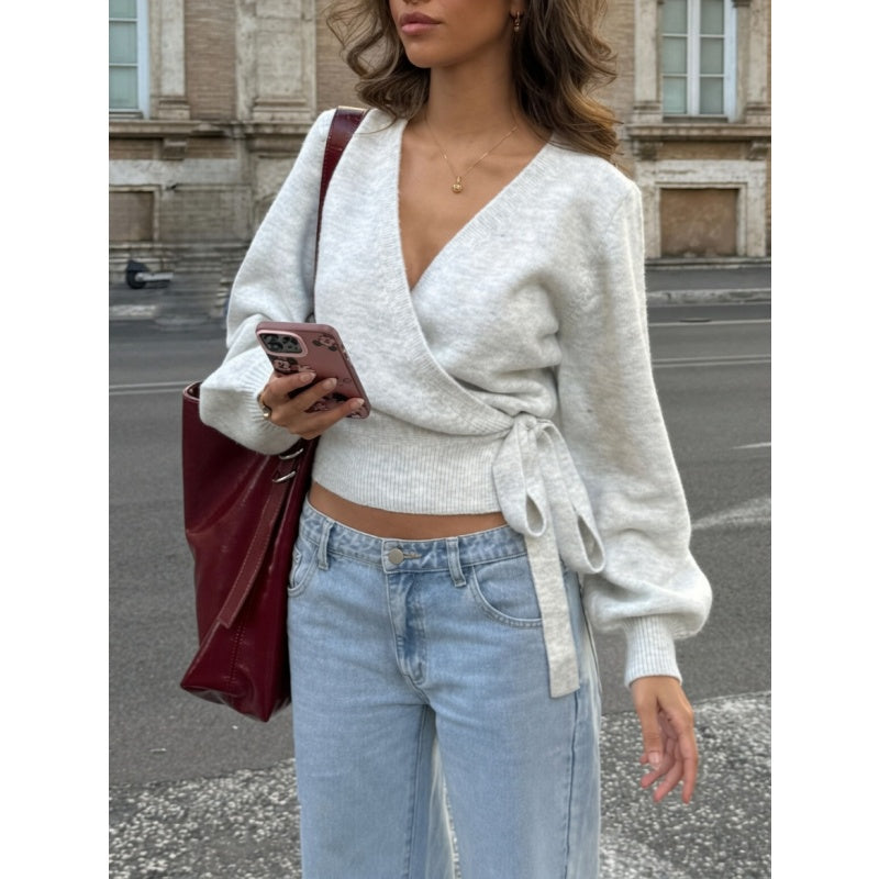 Wrap V Neck Knit Top