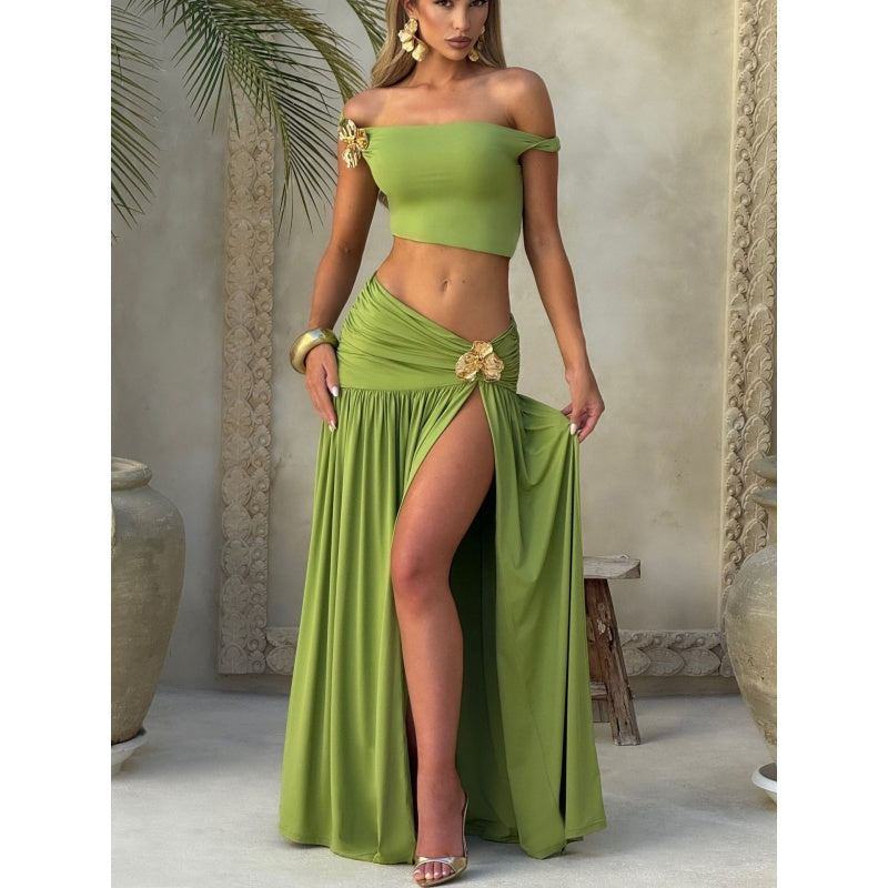 Metal Ruched Slit Two Piece Set