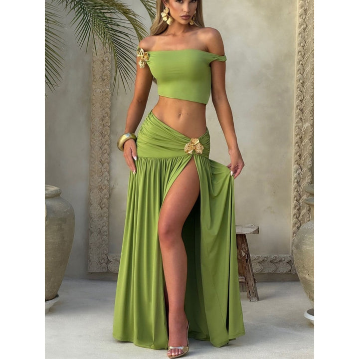 Metal Ruched Slit Two Piece Set