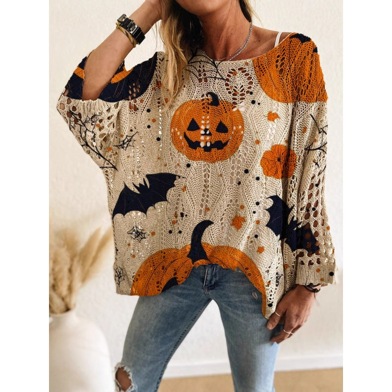 Halloween Bat Pumpkin Knit Top