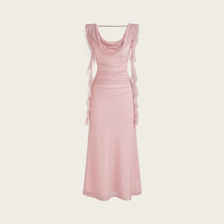 Ruched Ruffle Backless Maxi Dress