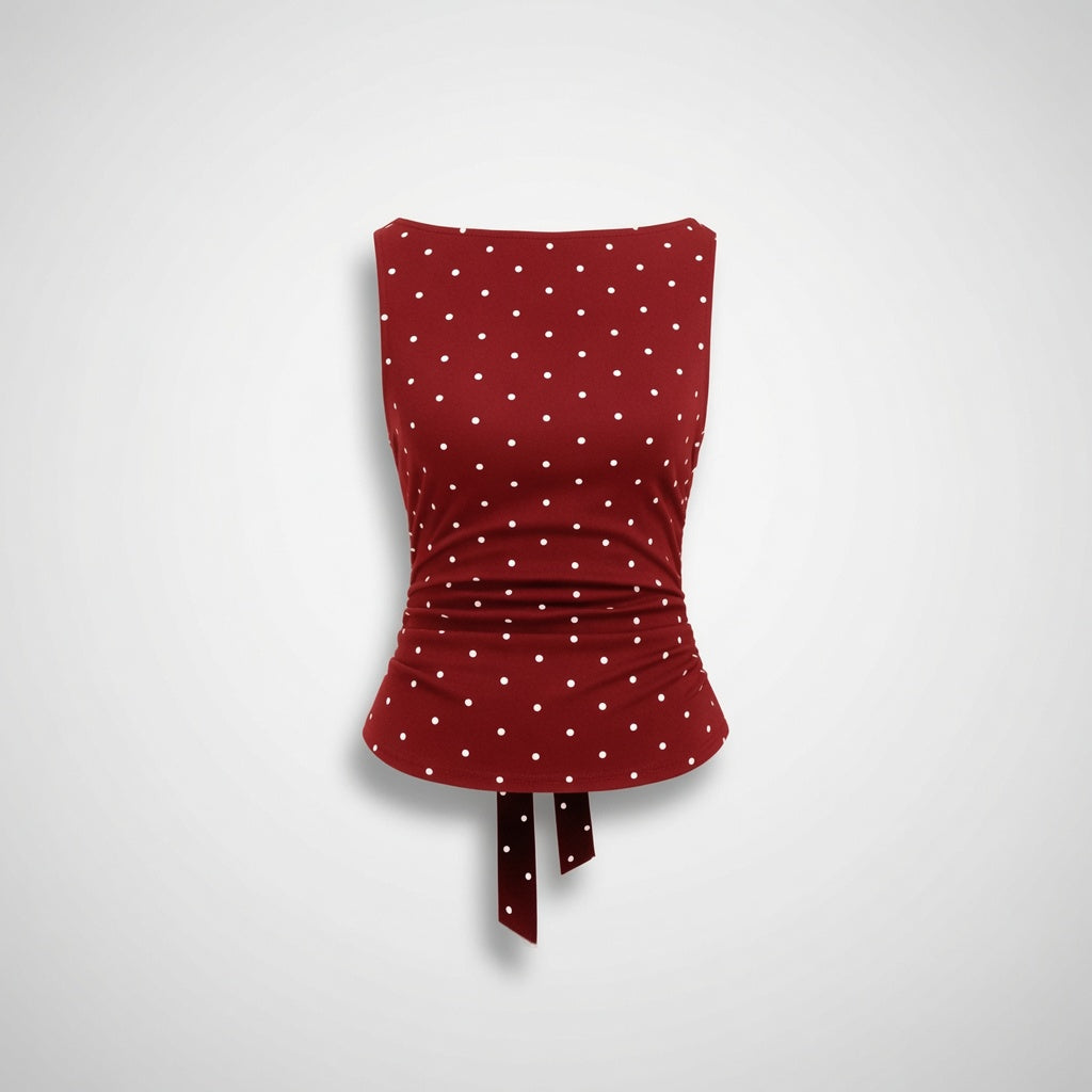 Polka Dot Ruched Back Tie Tank Top